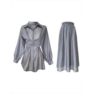 Fashion Women 2 Pcs Set Lapel Lantern Sleeve Lace-up Waist T-shirt Hight Waist M